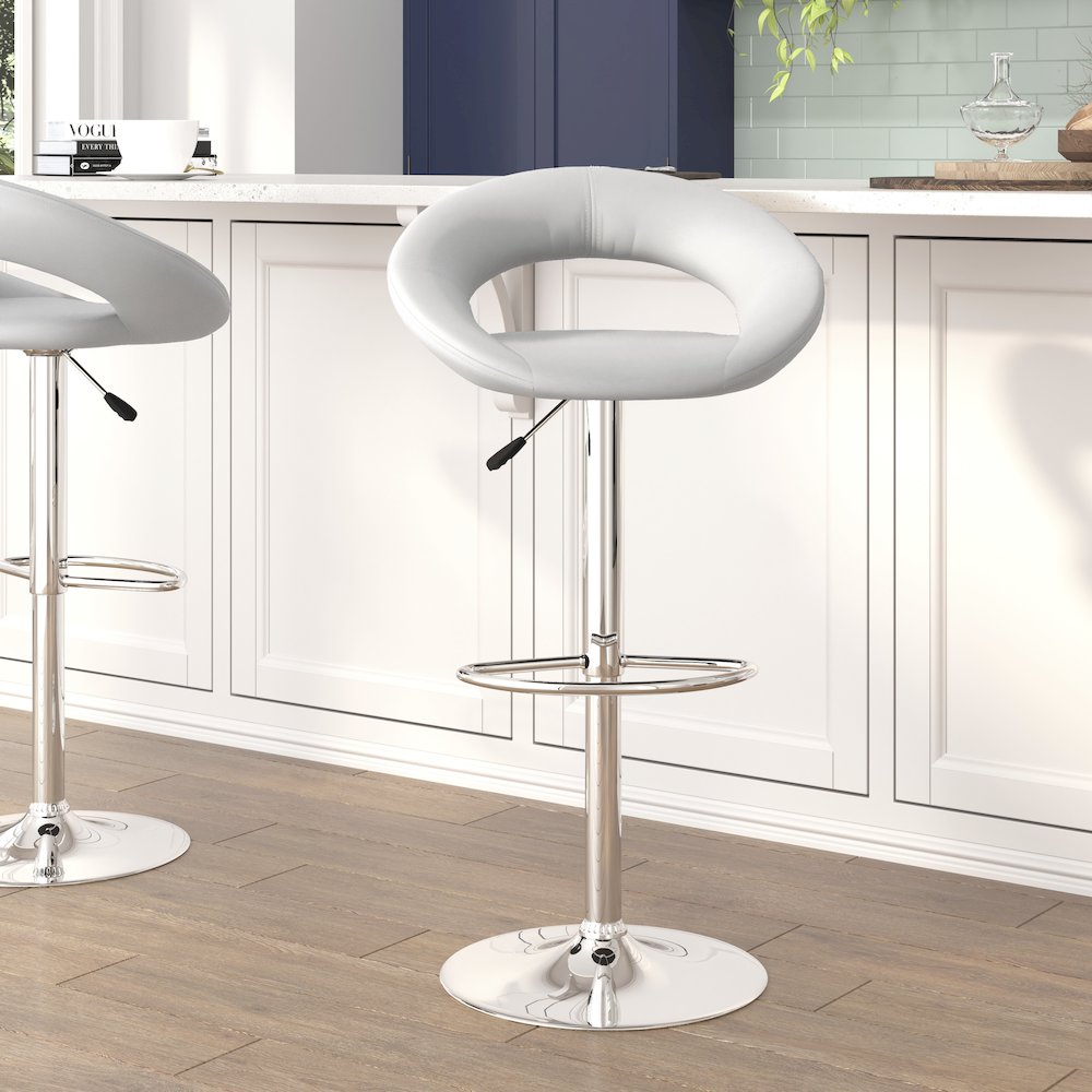 White Vinyl Rounded Orbit-Style Back Adjustable Height Barstool with Chrome Base