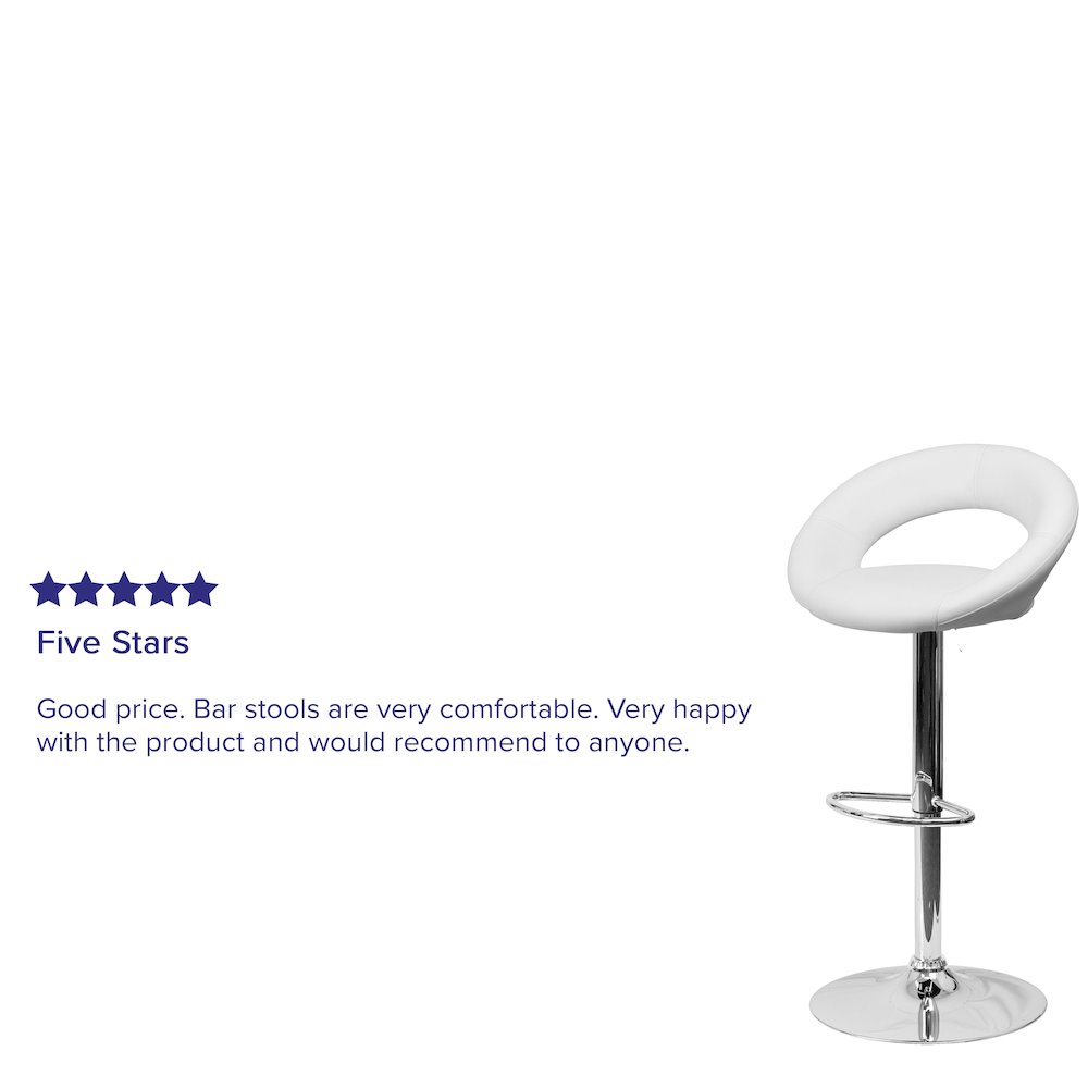 White Vinyl Rounded Orbit-Style Back Adjustable Height Barstool with Chrome Base