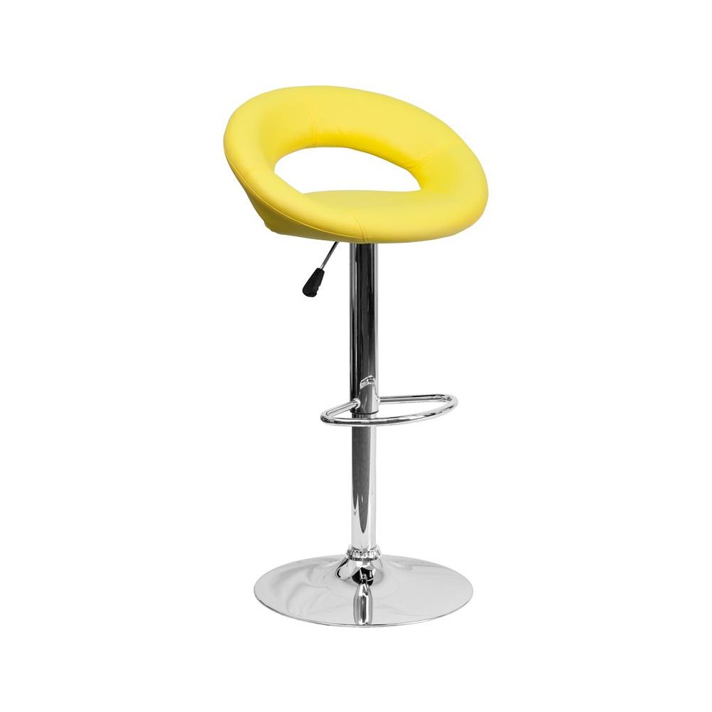 Yellow Vinyl Rounded Orbit-Back Adjustable Height Barstool with Chrome Base