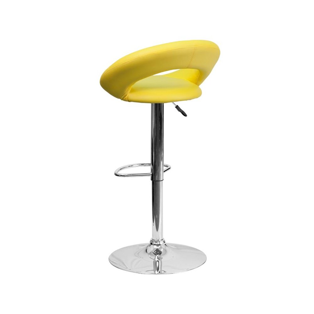 Yellow Vinyl Rounded Orbit-Back Adjustable Height Barstool with Chrome Base