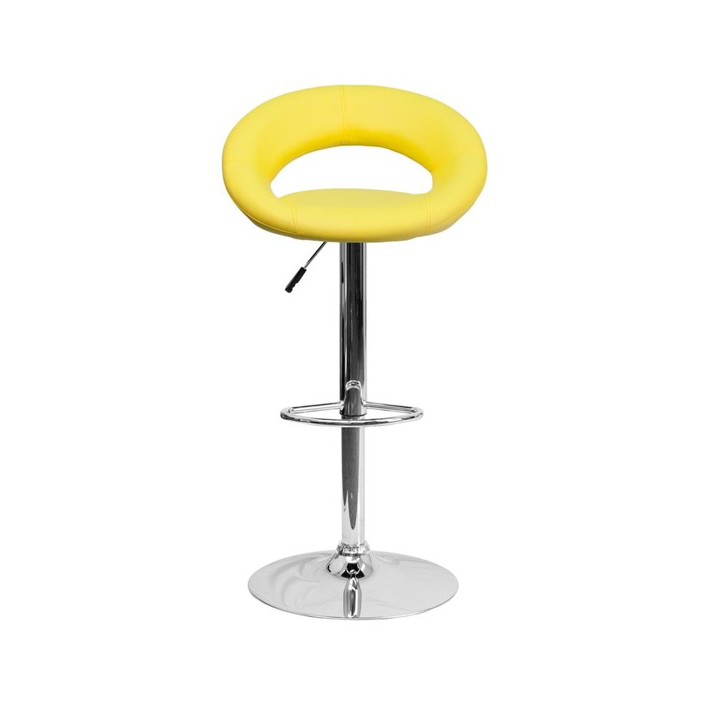 Yellow Vinyl Rounded Orbit-Back Adjustable Height Barstool with Chrome Base
