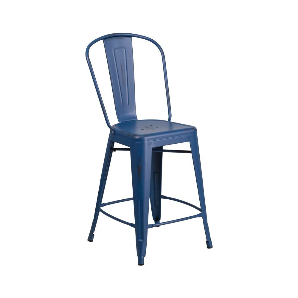 24″ High Distressed Antique Blue Metal Indoor-Outdoor Counter Height Stool