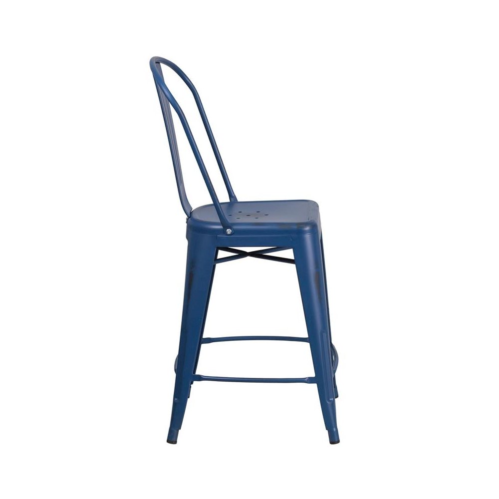 24″ High Distressed Antique Blue Metal Indoor-Outdoor Counter Height Stool