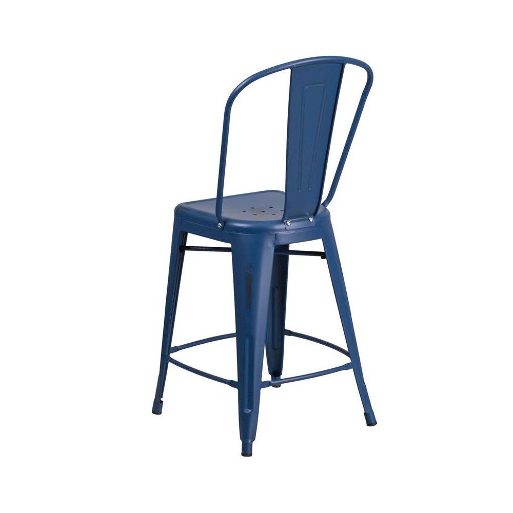 24″ High Distressed Antique Blue Metal Indoor-Outdoor Counter Height Stool