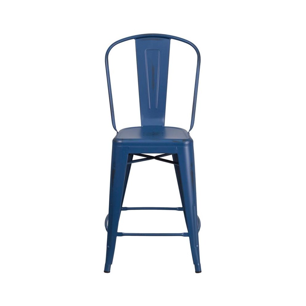 24″ High Distressed Antique Blue Metal Indoor-Outdoor Counter Height Stool