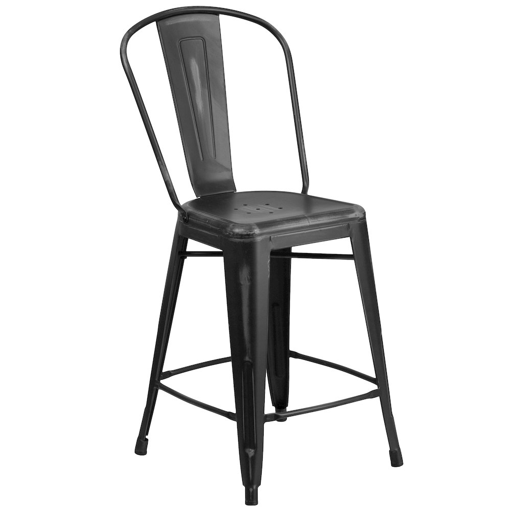 24″ High Distressed Black Metal Indoor-Outdoor Counter Height Stool with Back
