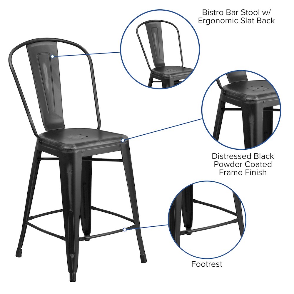 24″ High Distressed Black Metal Indoor-Outdoor Counter Height Stool with Back