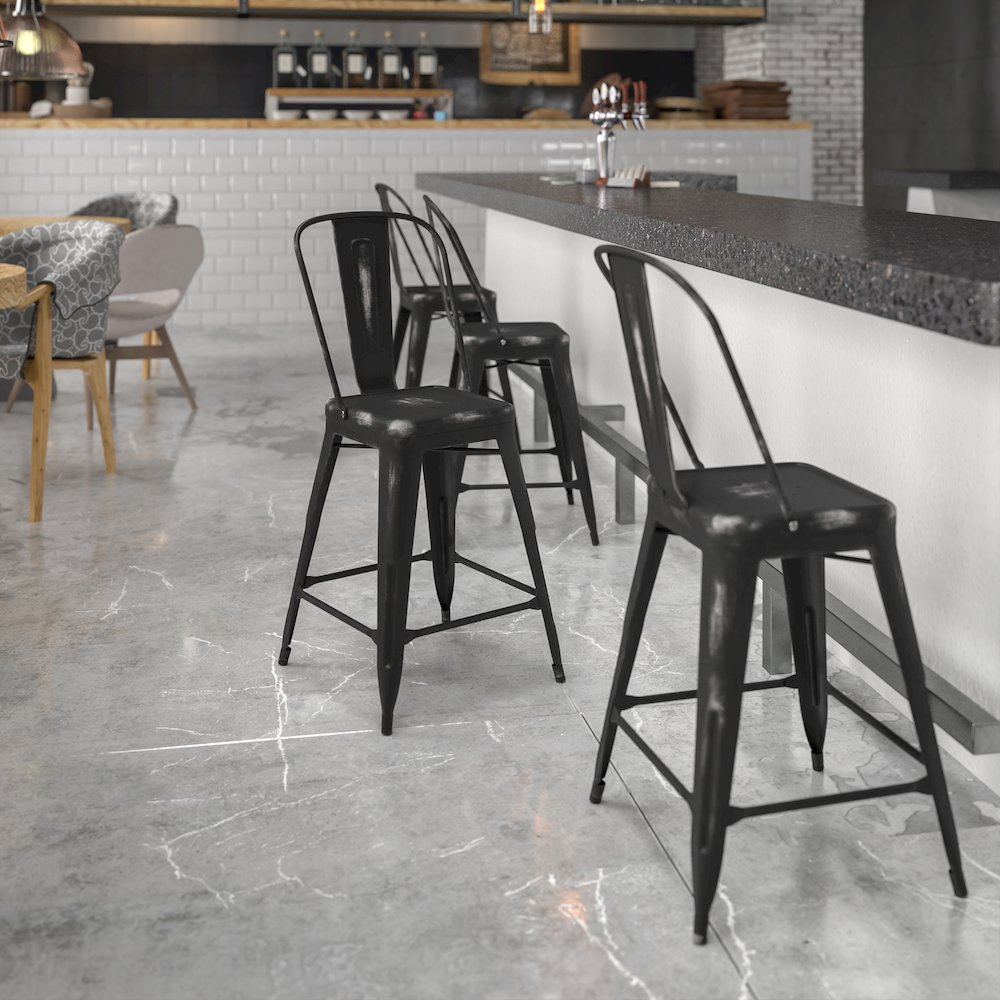 24″ High Distressed Black Metal Indoor-Outdoor Counter Height Stool with Back