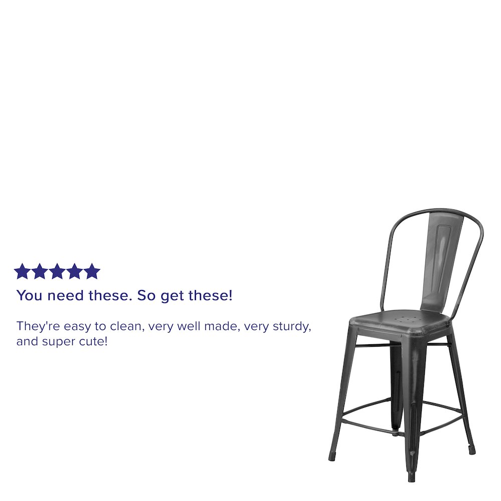 24″ High Distressed Black Metal Indoor-Outdoor Counter Height Stool with Back