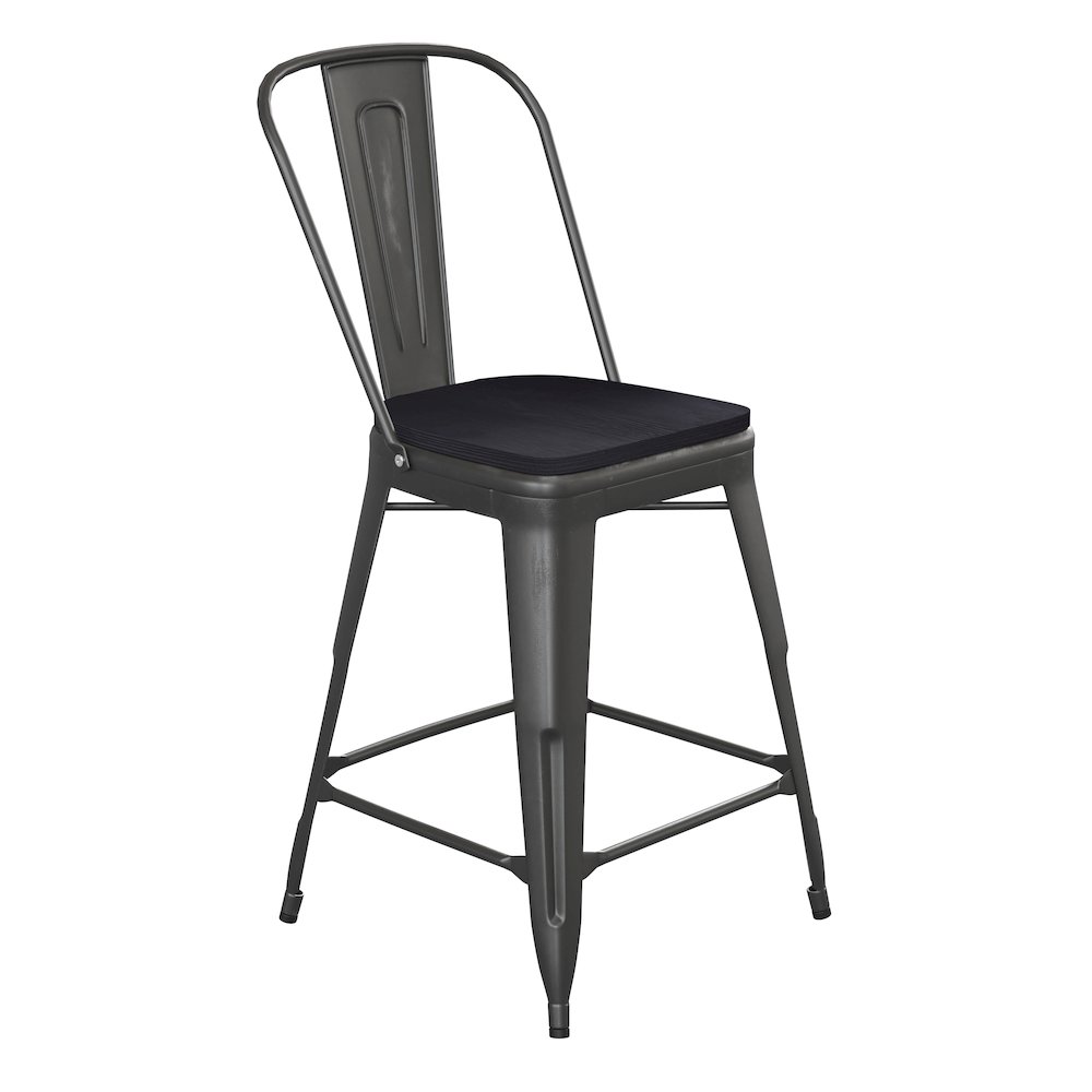 24″ High Black Metal Indoor-Counter Height Stool with Black Poly Resin Wood Seat