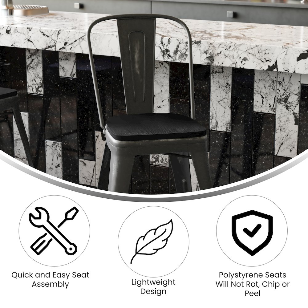 24″ High Black Metal Indoor-Counter Height Stool with Black Poly Resin Wood Seat