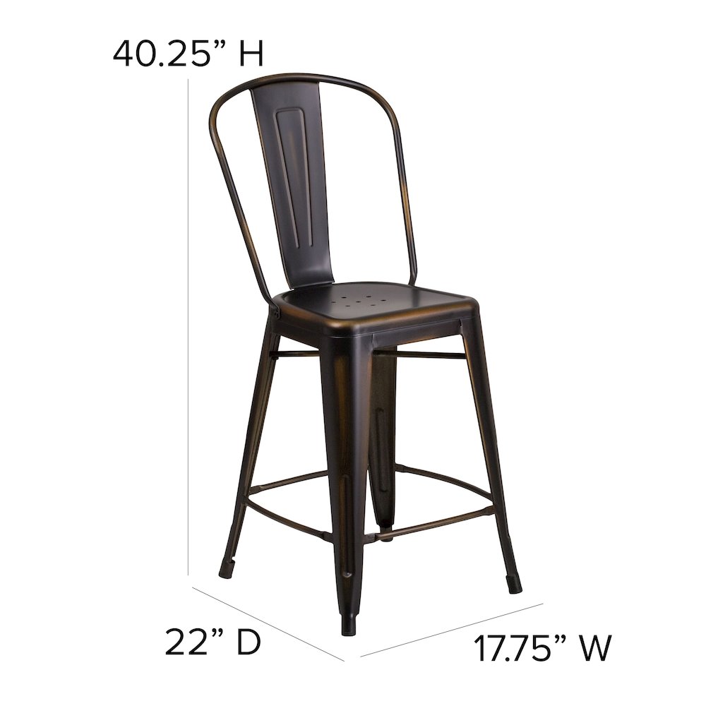 24″ High Copper Metal Counter Height Stool with Black Poly Resin Wood Seat