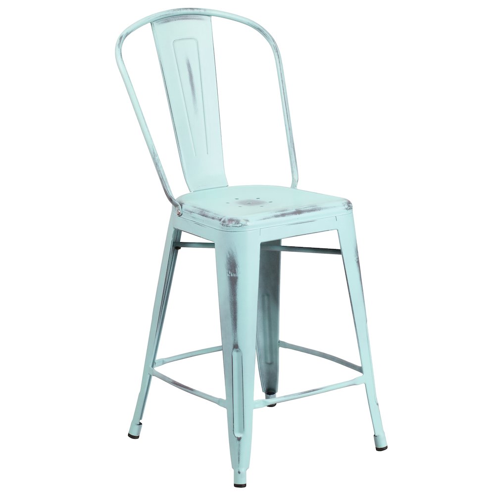 24″ High Distressed Green-Blue Metal Indoor-Outdoor Counter Height Stool