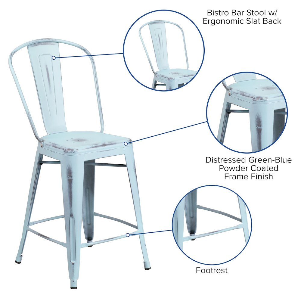 24″ High Distressed Green-Blue Metal Indoor-Outdoor Counter Height Stool