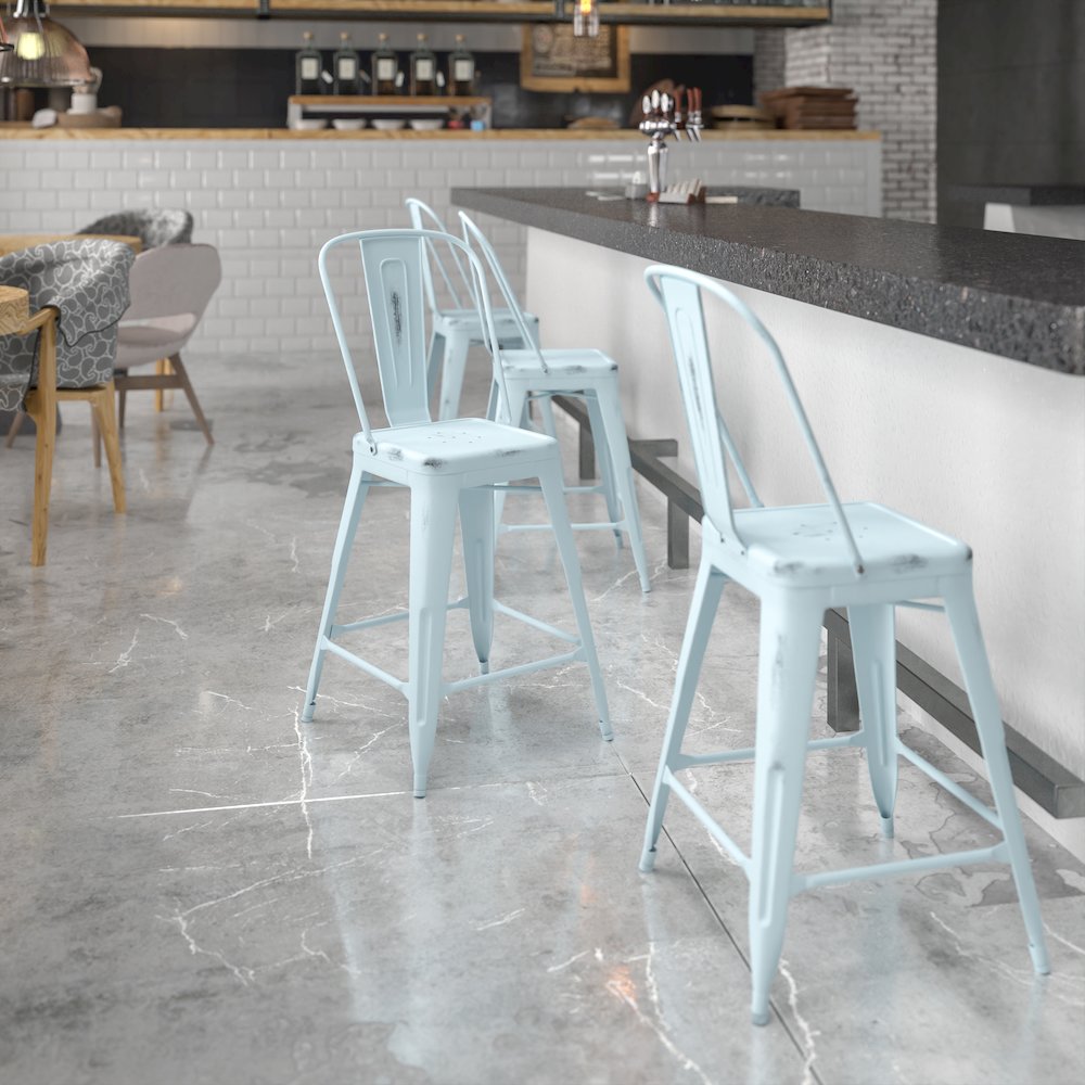 24″ High Distressed Green-Blue Metal Indoor-Outdoor Counter Height Stool