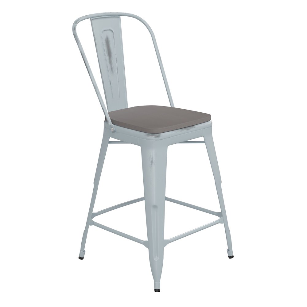 24″ High Green-Blue Metal Counter Height Stool with Gray Poly Resin Wood Seat