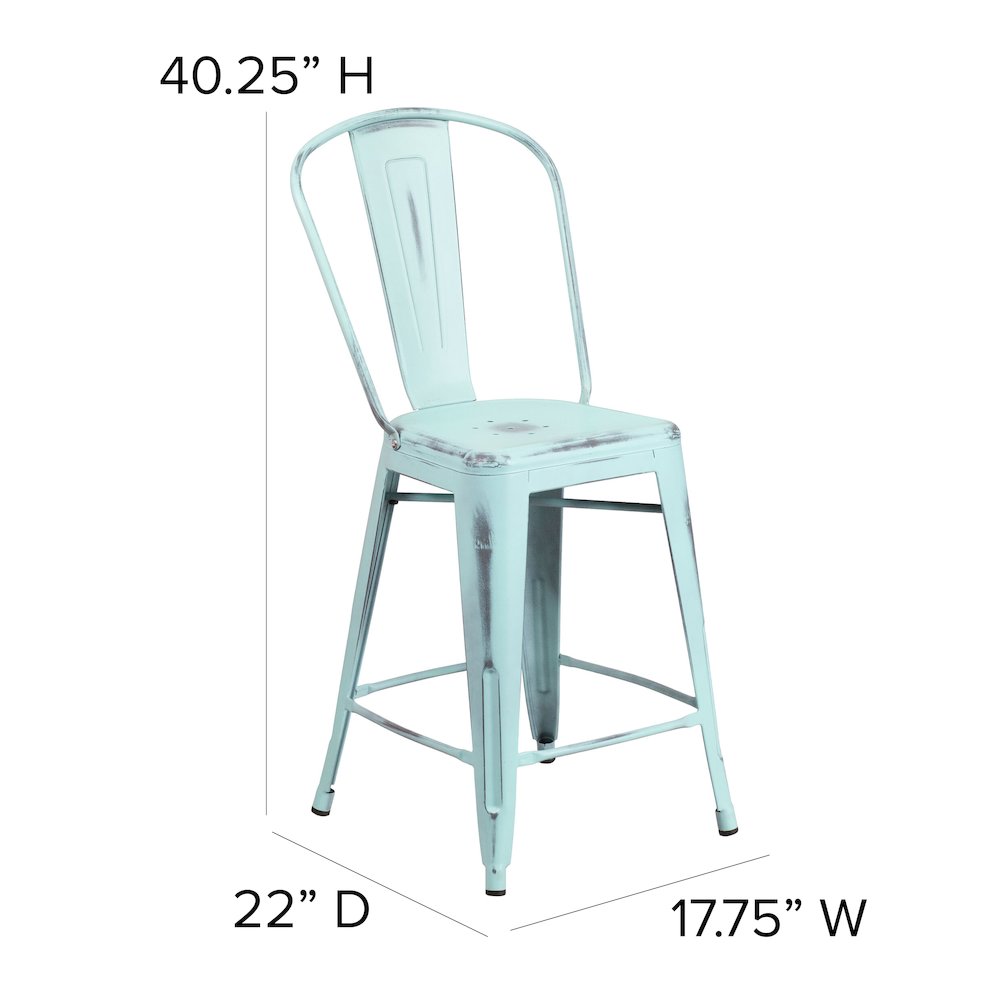 24″ High Green-Blue Metal Counter Height Stool with Gray Poly Resin Wood Seat