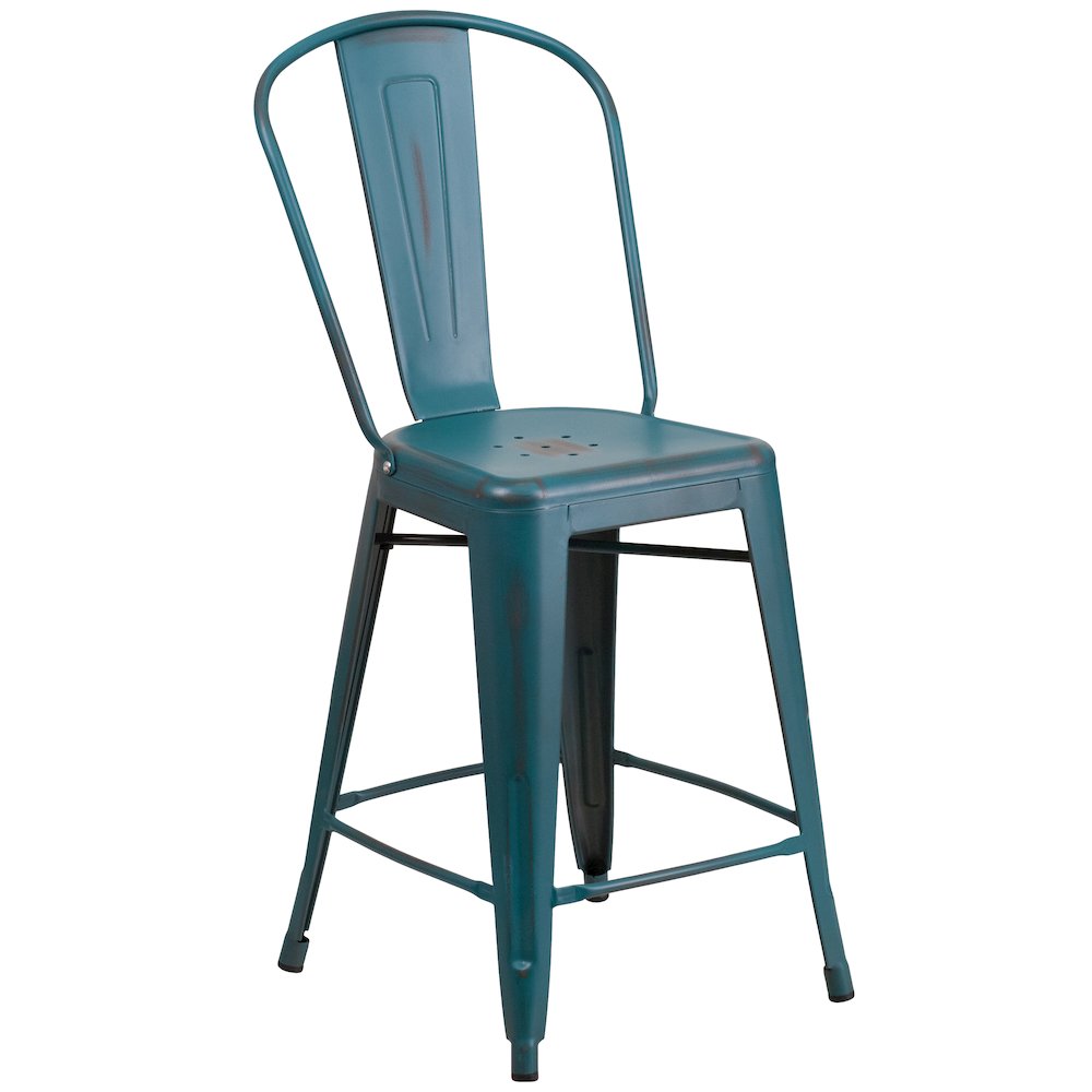 24″ High Distressed Kelly Blue-Teal Metal Indoor-Outdoor Counter Height Stool