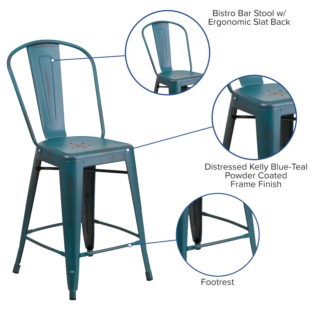 24″ High Distressed Kelly Blue-Teal Metal Indoor-Outdoor Counter Height Stool