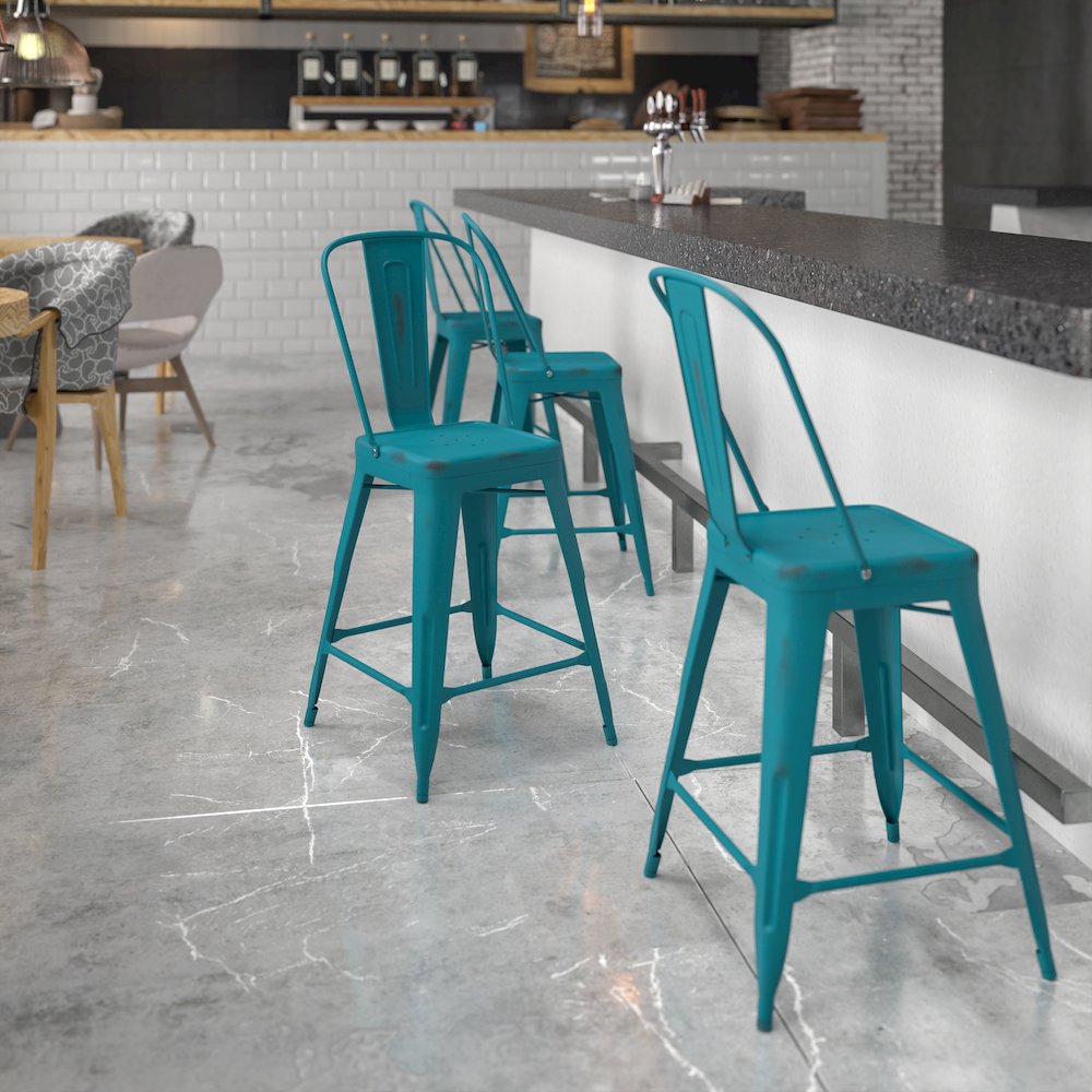 24″ High Distressed Kelly Blue-Teal Metal Indoor-Outdoor Counter Height Stool