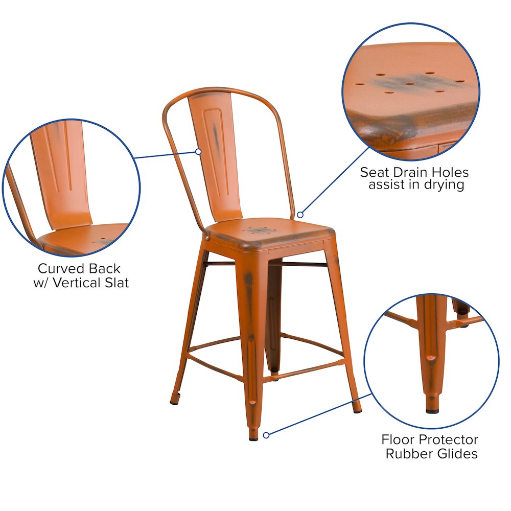 24″ High Distressed Orange Metal Indoor-Outdoor Counter Height Stool with Back