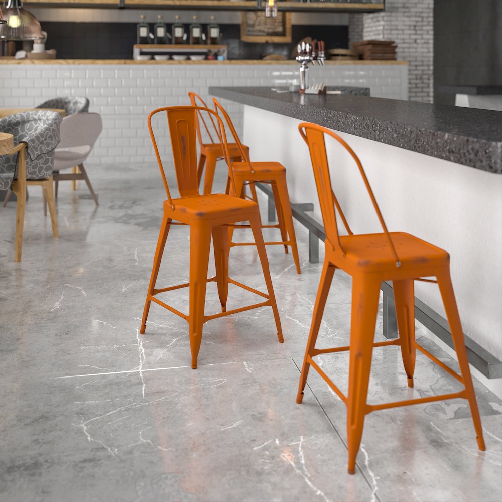 24″ High Distressed Orange Metal Indoor-Outdoor Counter Height Stool with Back