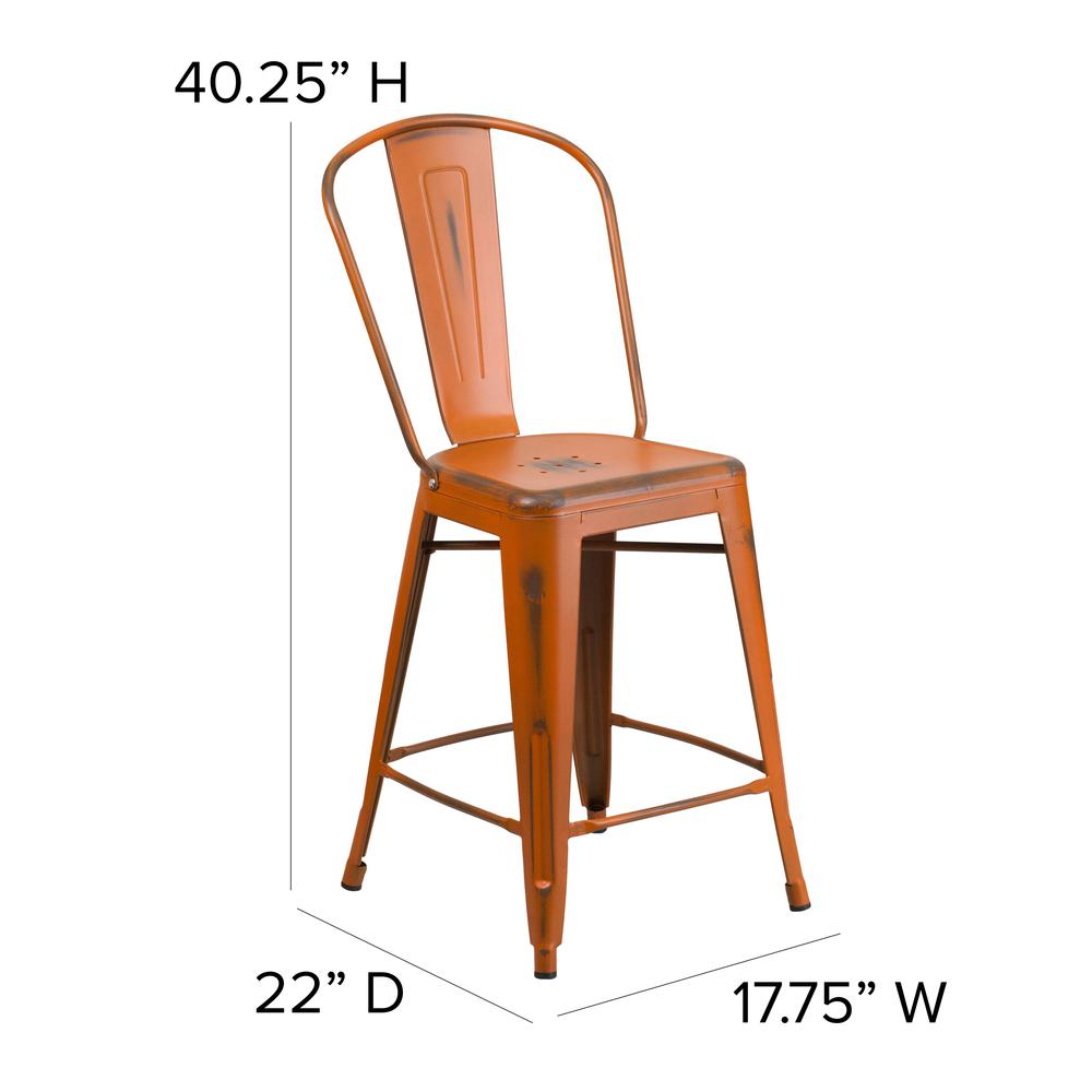 24″ High Orange Metal Indoor-Counter Height Stool with Teak Poly Resin Wood Seat