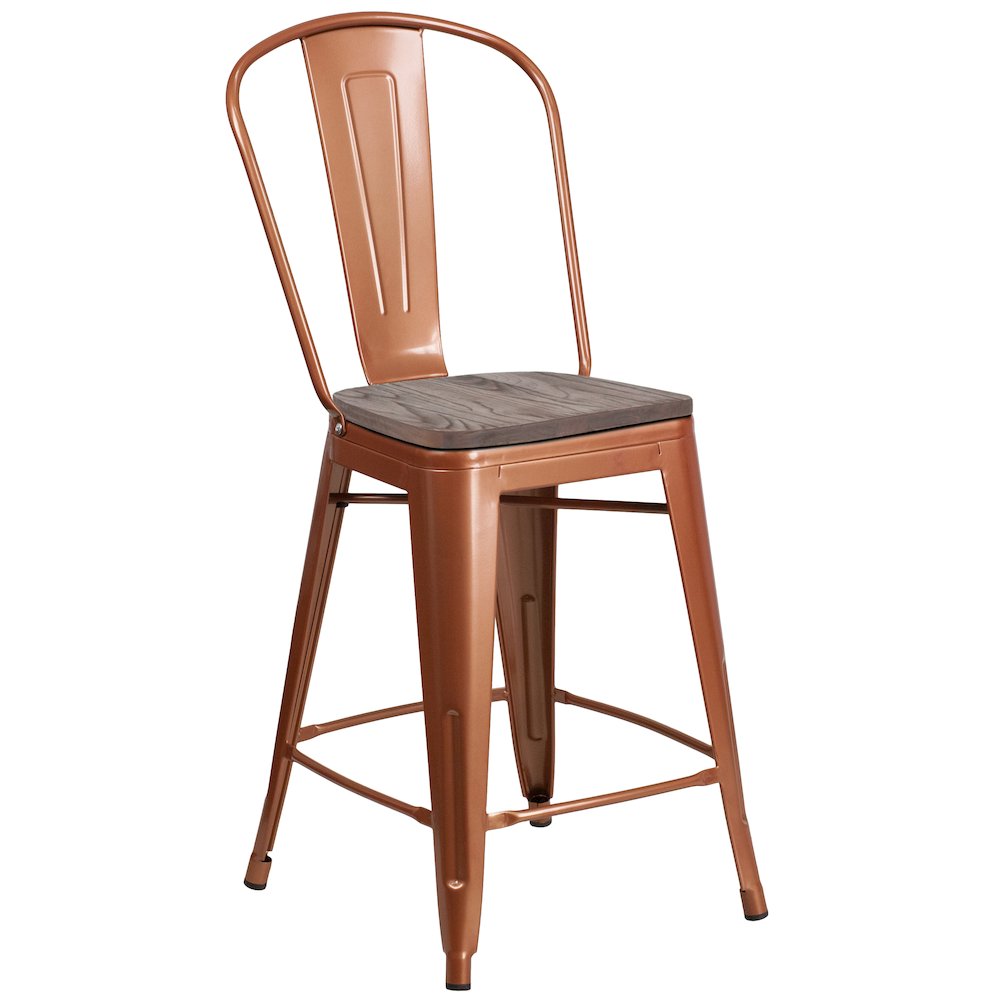 24″ High Copper Metal Counter Height Stool with Back and Wood Seat