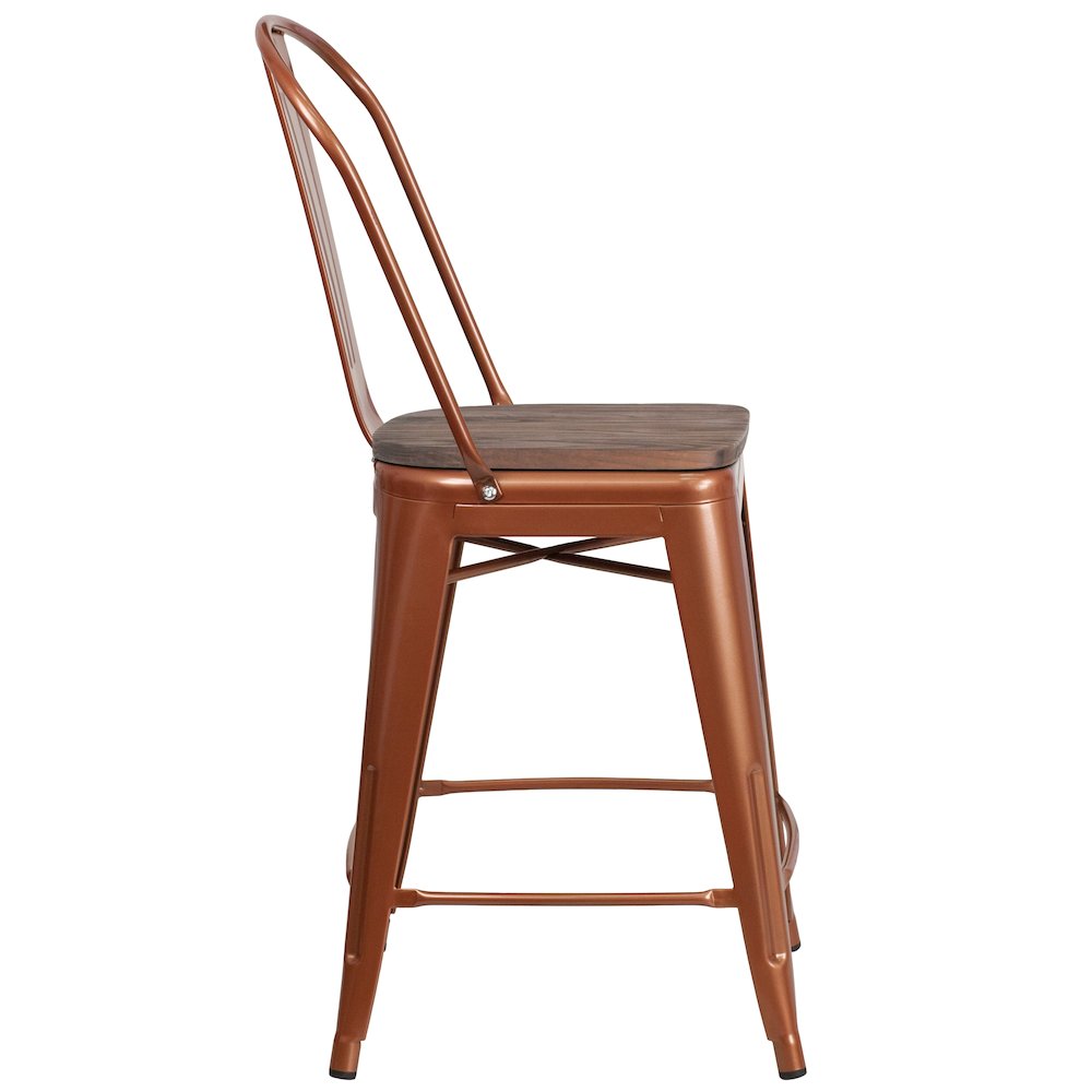 24″ High Copper Metal Counter Height Stool with Back and Wood Seat