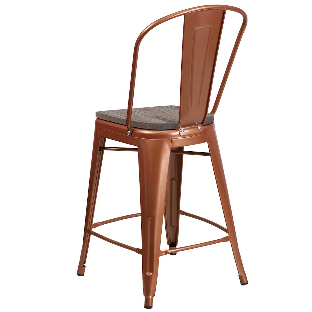24″ High Copper Metal Counter Height Stool with Back and Wood Seat