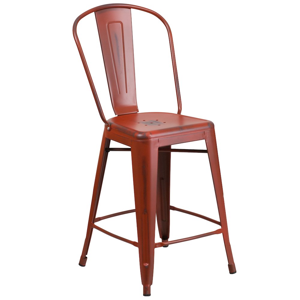 24″ High Distressed Kelly Red Metal Indoor-Outdoor Counter Height Stool