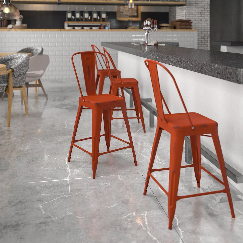 24″ High Distressed Kelly Red Metal Indoor-Outdoor Counter Height Stool