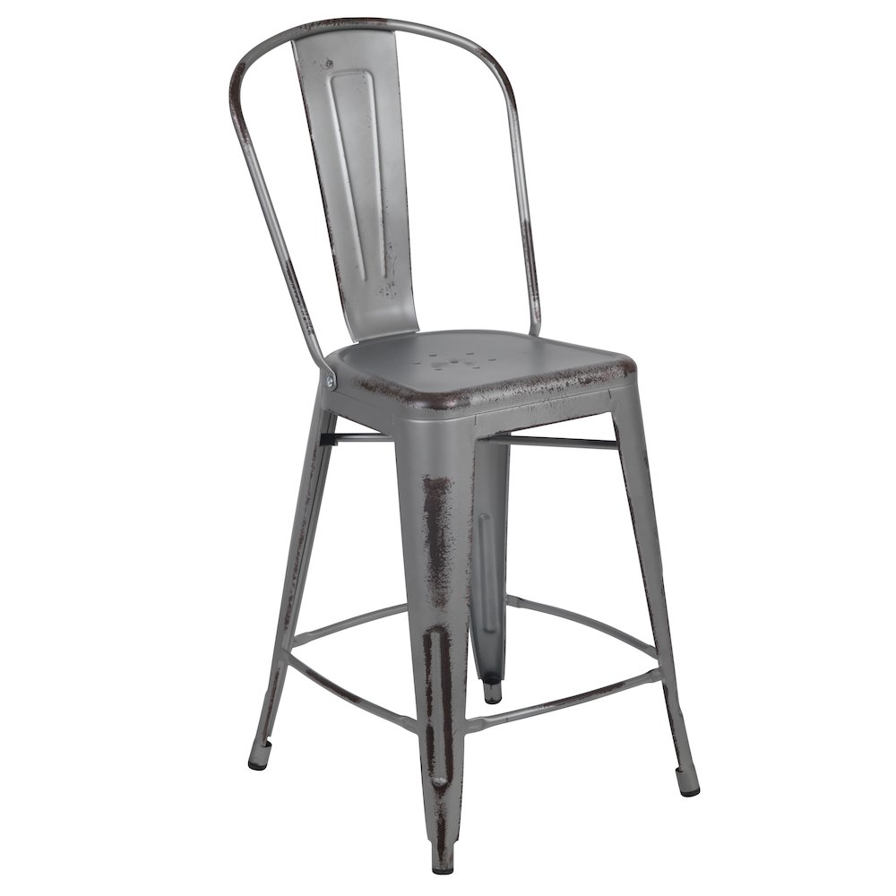 24″ High Distressed Silver Gray Metal Indoor-Outdoor Counter Height Stool