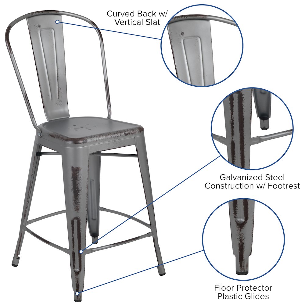 24″ High Distressed Silver Gray Metal Indoor-Outdoor Counter Height Stool