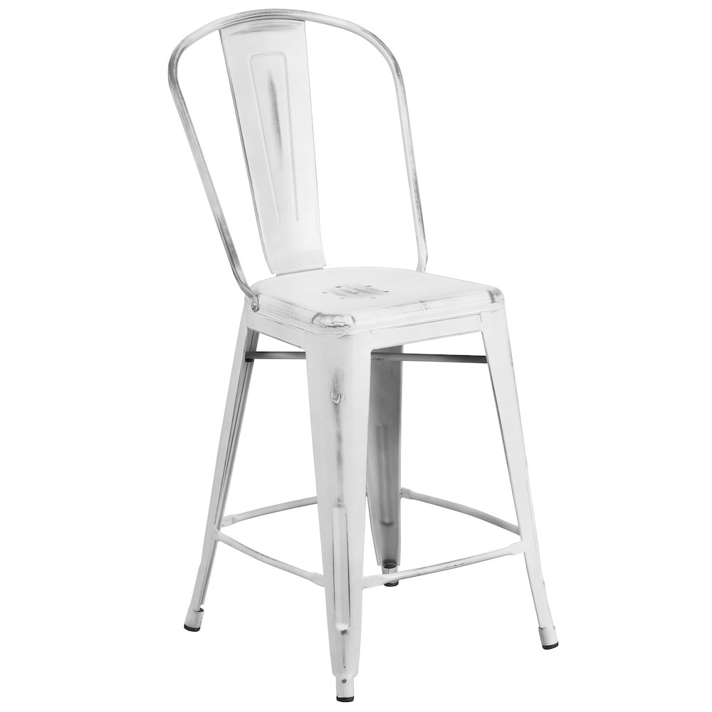 24″ High Distressed White Metal Indoor-Outdoor Counter Height Stool with Back