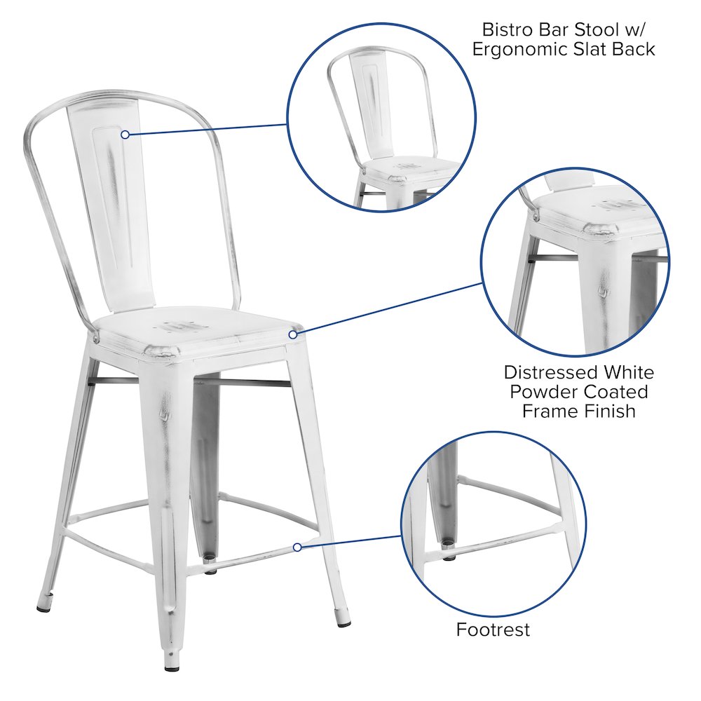 24″ High Distressed White Metal Indoor-Outdoor Counter Height Stool with Back