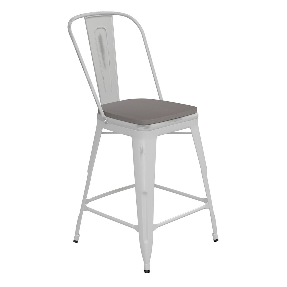 24″ High White Metal Indoor-Counter Height Stool with Gray Poly Resin Wood Seat