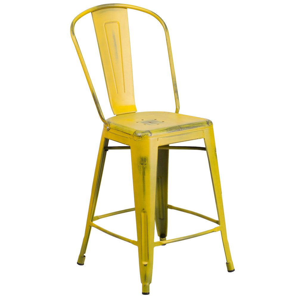 24″ High Distressed Yellow Metal Indoor-Outdoor Counter Height Stool with Back