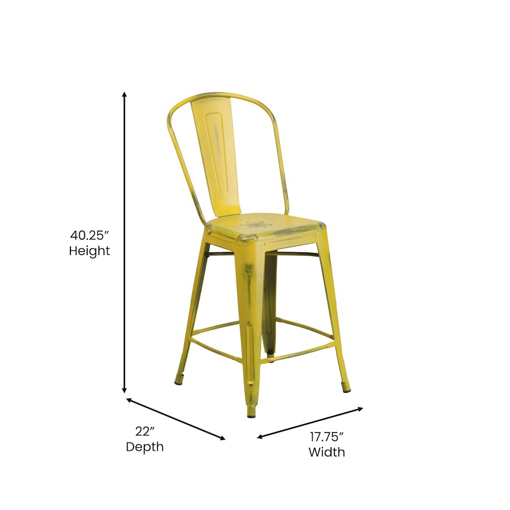 24″ High Distressed Yellow Metal Indoor-Outdoor Counter Height Stool with Back