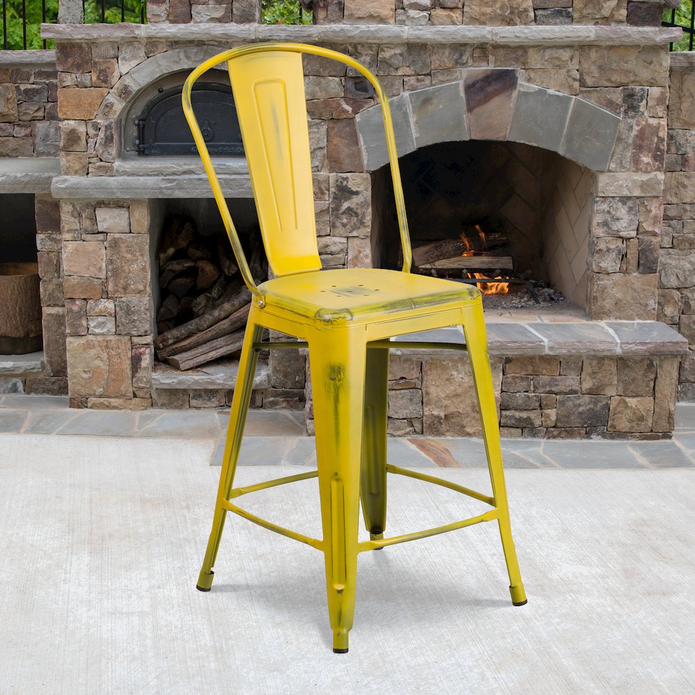 24″ High Distressed Yellow Metal Indoor-Outdoor Counter Height Stool with Back