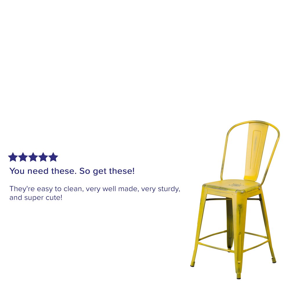 24″ High Distressed Yellow Metal Indoor-Outdoor Counter Height Stool with Back