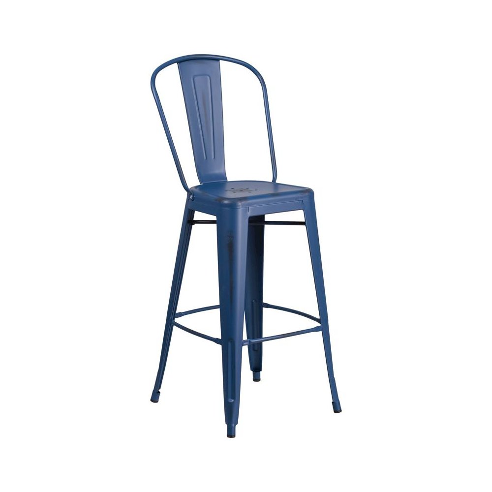 30″ High Distressed Antique Blue Metal Indoor-Outdoor Barstool with Back