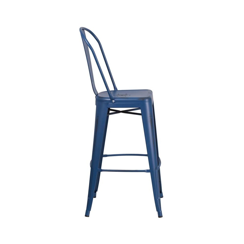 30″ High Distressed Antique Blue Metal Indoor-Outdoor Barstool with Back