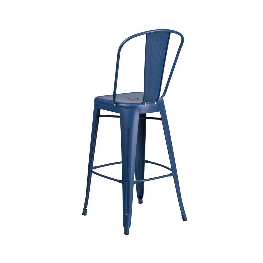 30″ High Distressed Antique Blue Metal Indoor-Outdoor Barstool with Back