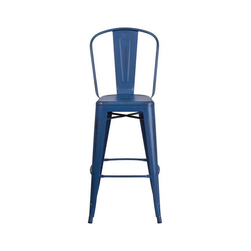 30″ High Distressed Antique Blue Metal Indoor-Outdoor Barstool with Back