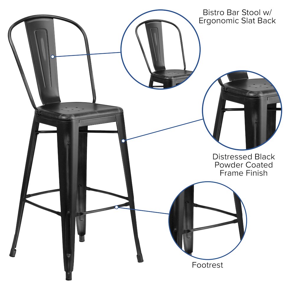 30″ High Distressed Black Metal Indoor-Outdoor Barstool with Back