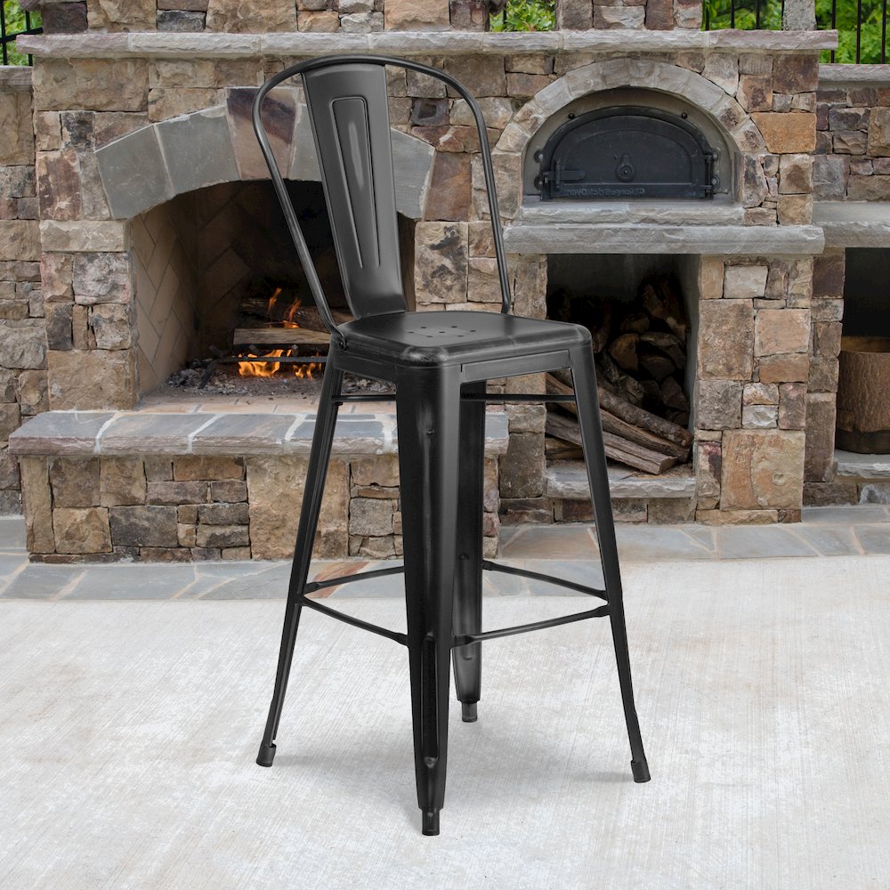 30″ High Distressed Black Metal Indoor-Outdoor Barstool with Back