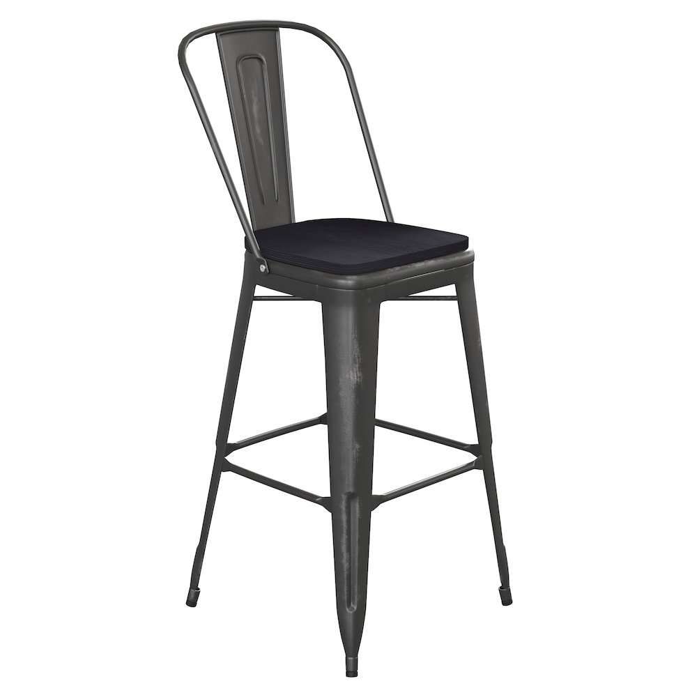 30″ High Black Metal Indoor-Outdoor Barstool with Black Poly Resin Wood Seat