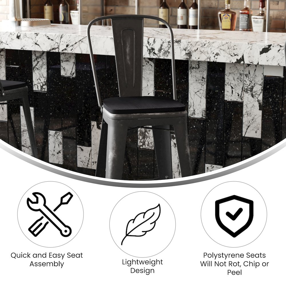 30″ High Black Metal Indoor-Outdoor Barstool with Black Poly Resin Wood Seat