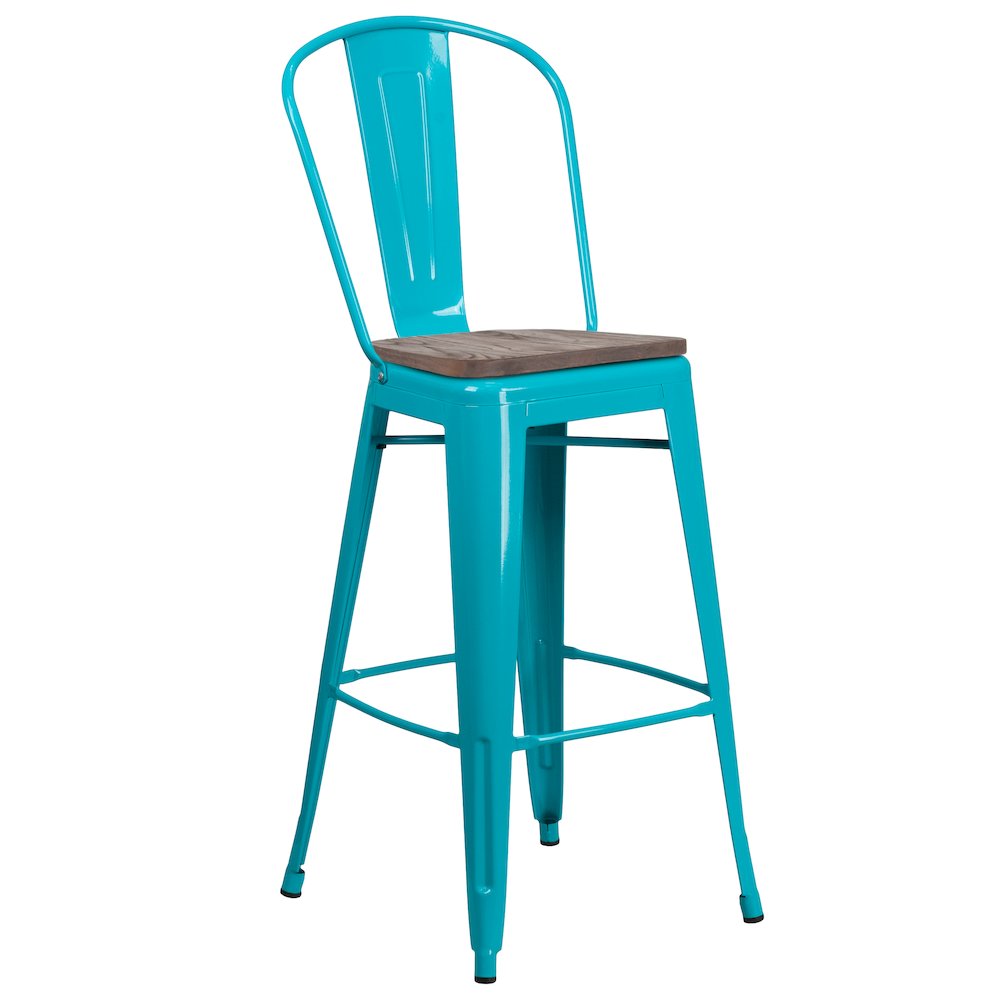 30″ High Crystal Teal-Blue Metal Barstool with Back and Wood Seat